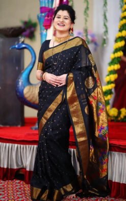 Black Color Paithani Soft Lichi Silk Jacquard Saree
