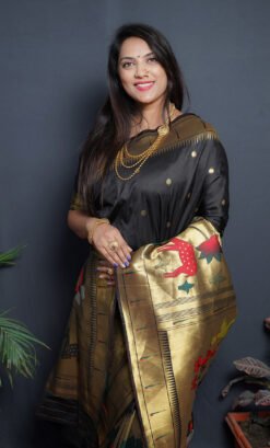 Black Colour Garden Paithani Pure Silk  With Gold Jari Saree