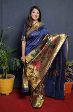 Blue Colour Garden Paithani Pure Silk  With Gold Jari Saree