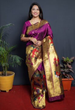 Purple Colour Garden Paithani Pure Silk  With Gold Jari Saree