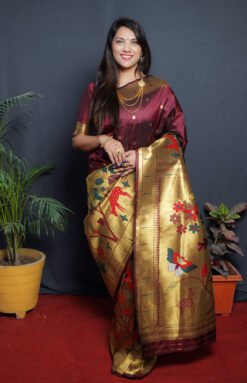 Maroon Colour Garden Paithani Pure Silk  With Gold Jari Saree
