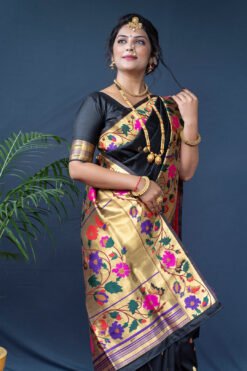 Black Color Maharani Pure Silk  With Gold Jari Saree