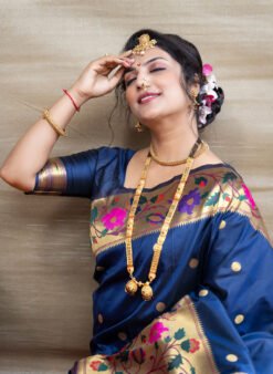 Blue Color Maharani Pure Silk  With Gold Jari Saree