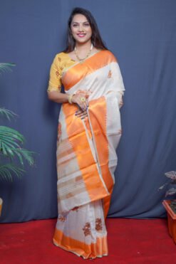 Orange Color Rajwadi linen Soft Silk Linen Printed Saree