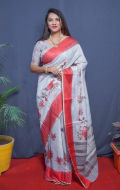 Red Color Rajwadi linen Soft Silk Linen Printed Saree