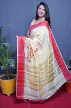 Yellow Color Rajwadi linen Soft Silk Linen Printed Saree