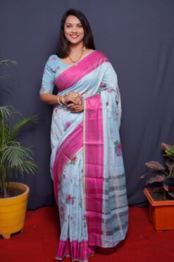 Pink Color Rajwadi linen Soft Silk Linen Printed Saree
