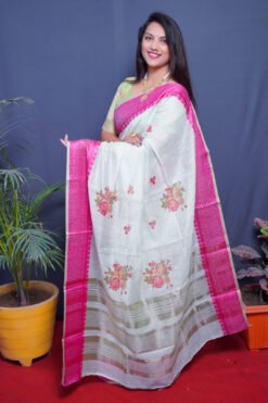 White Color Rajwadi linen Soft Silk Linen Printed Saree