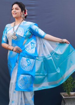 Sky Colour Barby Soft  Tissue Silk With Rich Silver Jari Saree