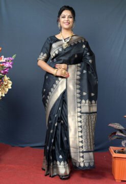 Black Colour Zumkhi  Soft Silk With Gold Jari Saree